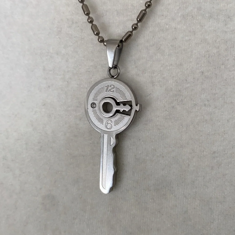 Silver Steampunk Key Clock Face Dial Industrial Minimalist Pendant Necklace